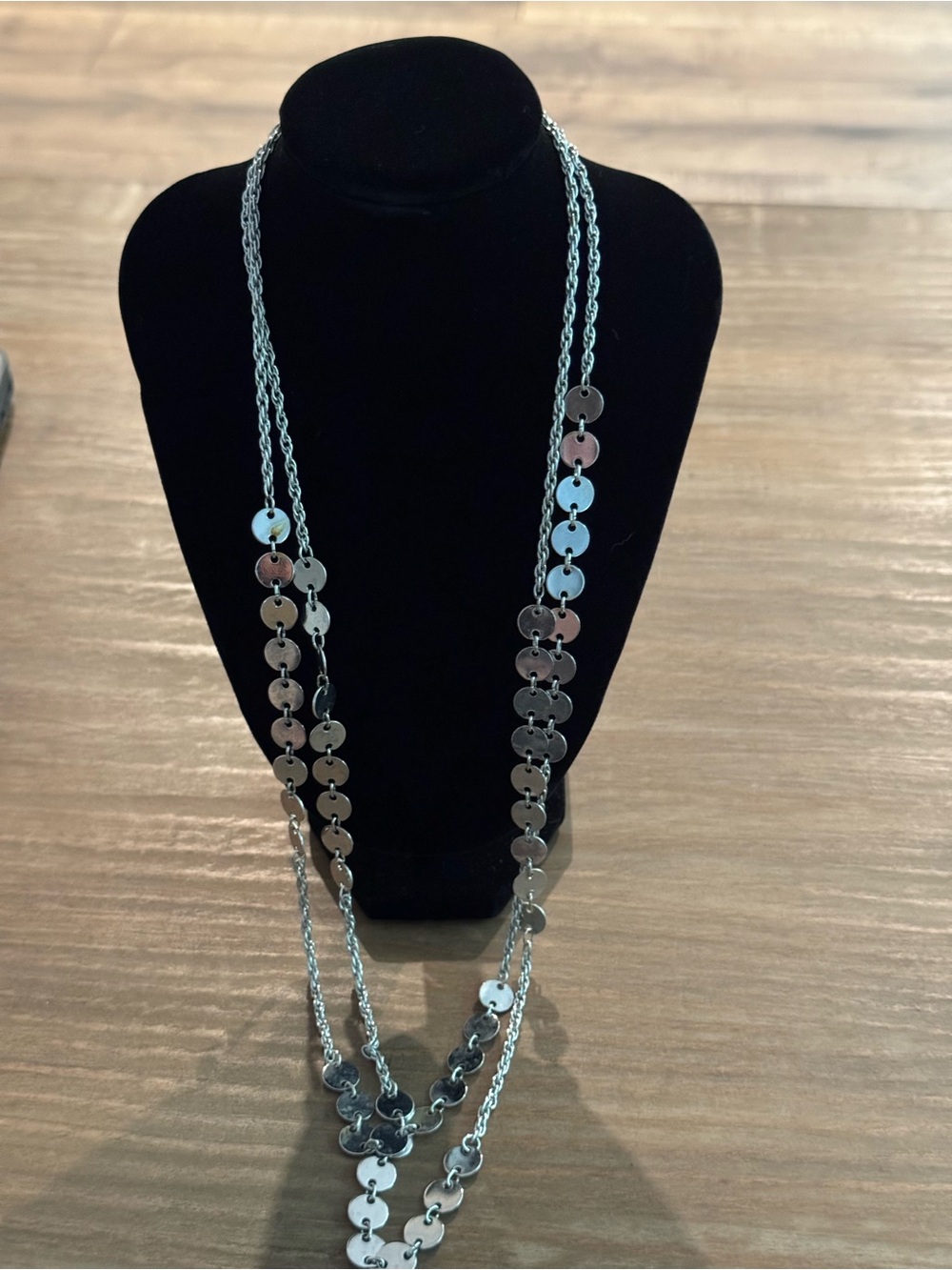 Vintage (1971) Silver tone  Multi-Disc Layered Necklace. Vendome 27.5 inches